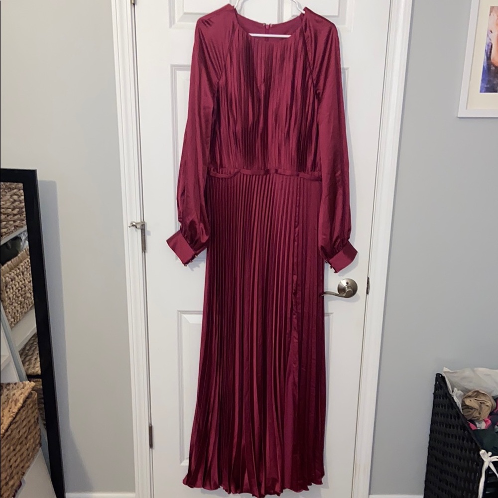 Mac Duggal Red Pleated Long Sleeve Gown